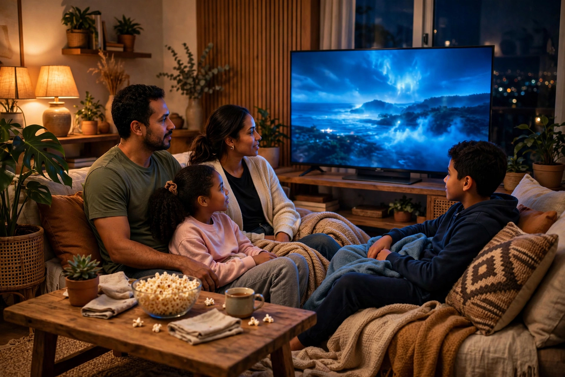 Família reunida assistindo TV em casa à noite